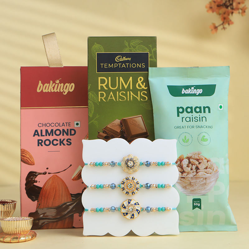 Ornate Rakhi Trio N Premium Snacking Hamper