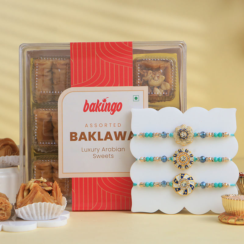 Ornate Rakhi Trio With Baklawa Box