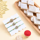 Ornate Rakhi Trio With Kaju Katli