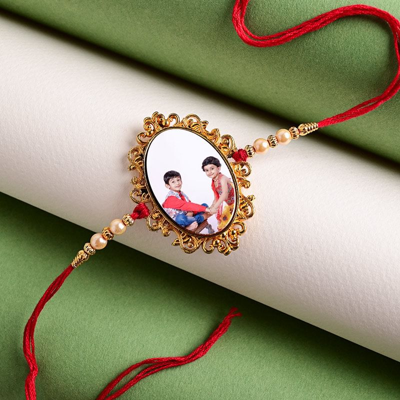 Top view of Oval Golden Custom Personalised Rakhi Rakhi for Brother
