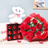 Combo of Red Roses Bunch and Chocolates with Teddy