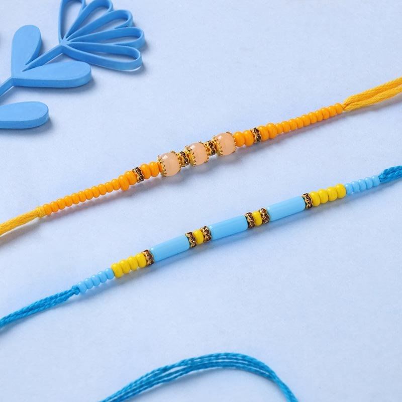 Bright Yellow N Blue Beaded Rakhi Pair