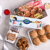 Buy Quirky Rakhi online for Kids - Panjeeri Laddoo With Choco Cookies N Kid Rakhi