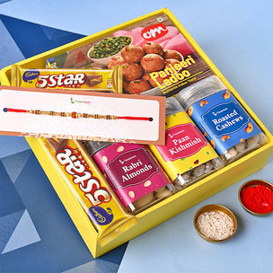 Buy Divine Rakhi Online With Chocolates, Dry Fruits, Sweets Combo For Brother