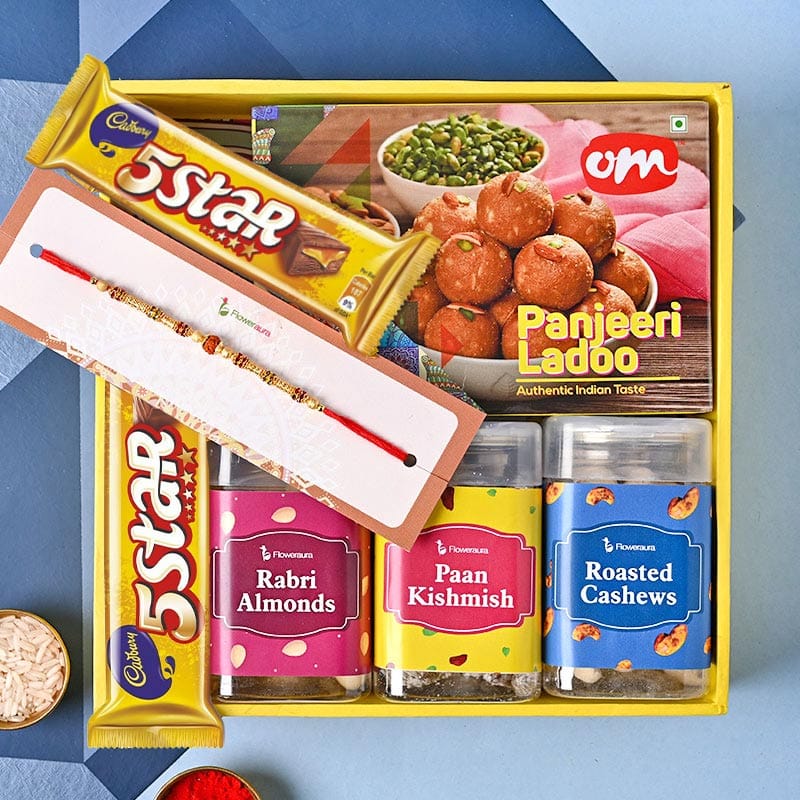 Top View of Panjeeri Ladoo, Paan Flavoured Dry Fruits With Rudraksha Rakhi