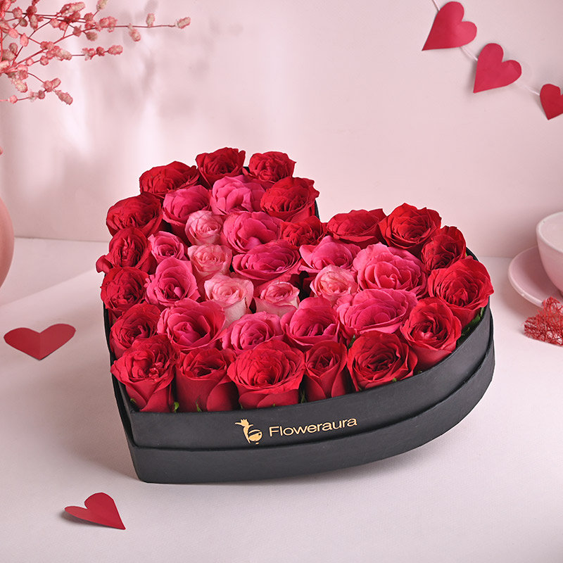 Bunch Of 35 Pink and Red Roses in Heart Shape Box
