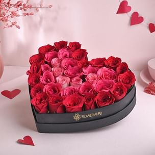 Bunch Of 35 Pink and Red Roses in Heart Shape Box