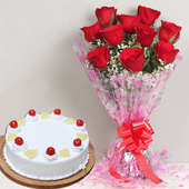 Passionate Pineapple - Bunch of 10 Red Roses with 500gm Pineapple Cake