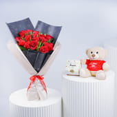 Passionate Red Roses With Chocolates N Teddy