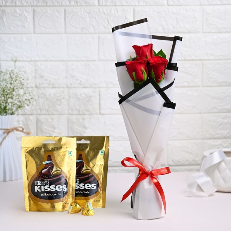 Passionate Red Roses With Tempting Chocolates