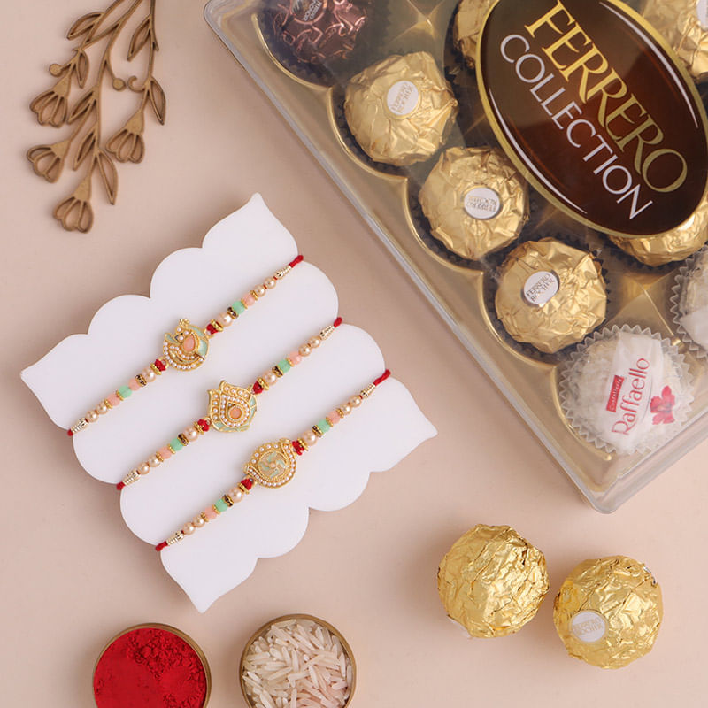 Pastel Beads N Pearl Rakhi Trio With Chocolates