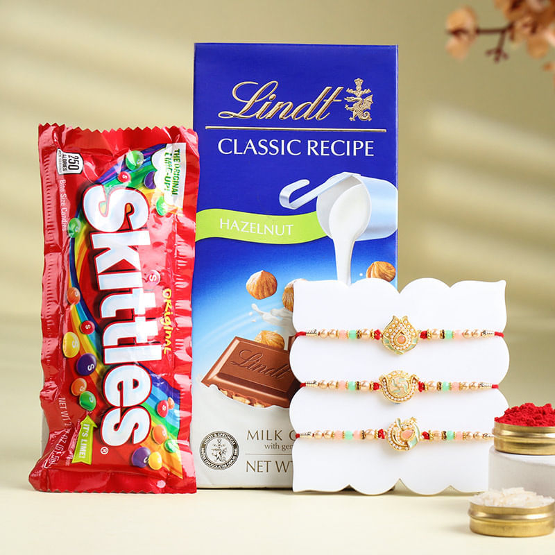 Beaded Rakhi Trio With Candies N Chocolates