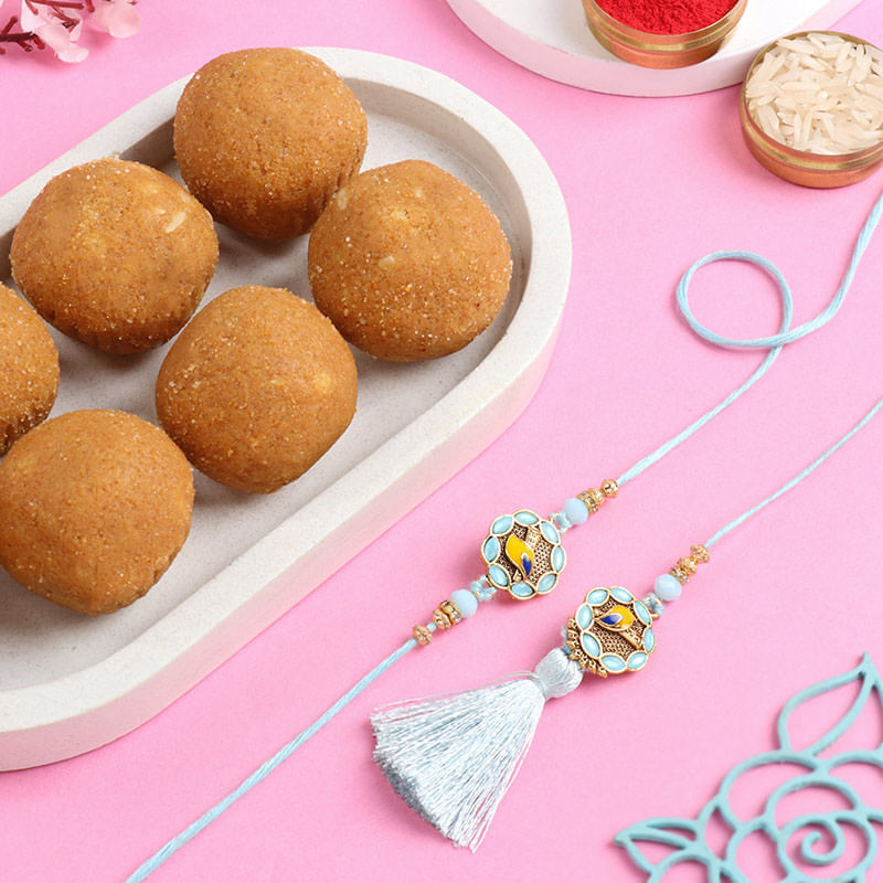 Pastel Bhaiya Bhabhi Rakhi Set With Besan Laddoos-UAE