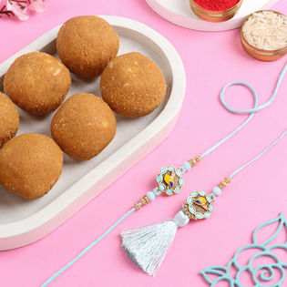 Pastel Bhaiya Bhabhi Rakhi Set With Besan Laddoos-Overseas