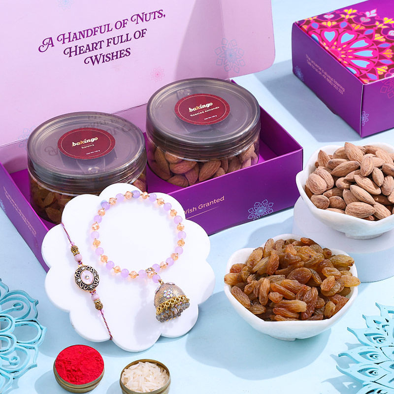 Pastel Bhaiya Bhabhi Rakhis N Almond Raisin Treats