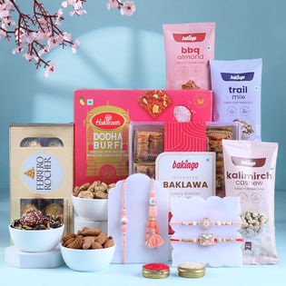 Pastel Family Rakhi Set N Sweet Snack Hamper