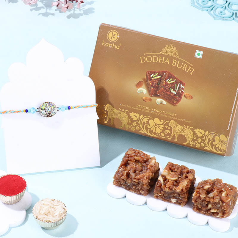 Pastel Filigree Rakhi With Dodha Burfi