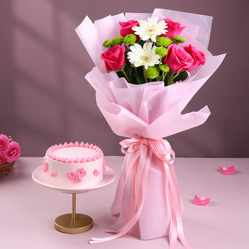 Pastel Floral Bouquet N Cake Combo