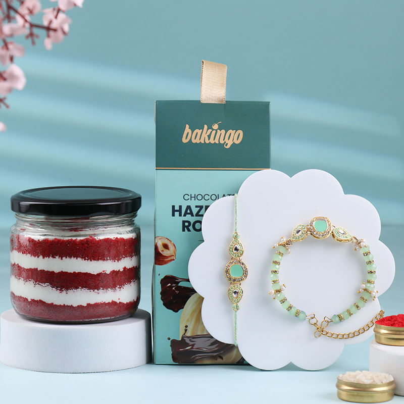 Pastel Green Bhai Bhabhi Rakhis With Sweet Treats