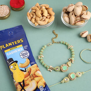 Pastel Green Bhaiya Bhabhi Rakhis With Nutty Duo