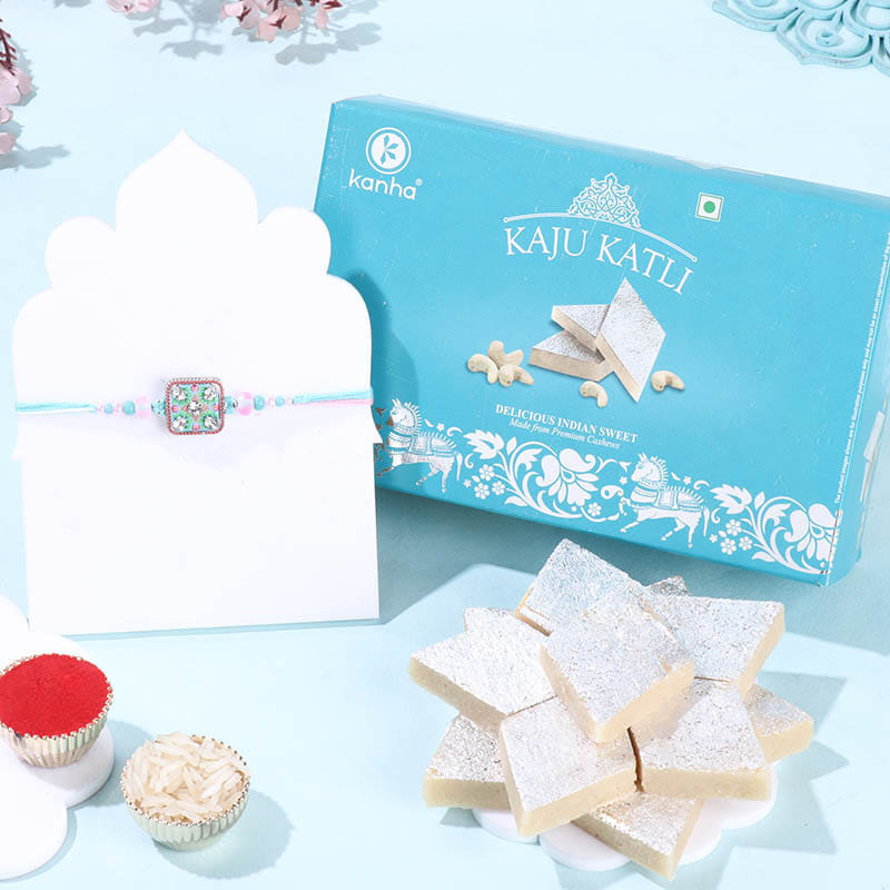 Pastel Hued Square Rakhi With Kaju Katli