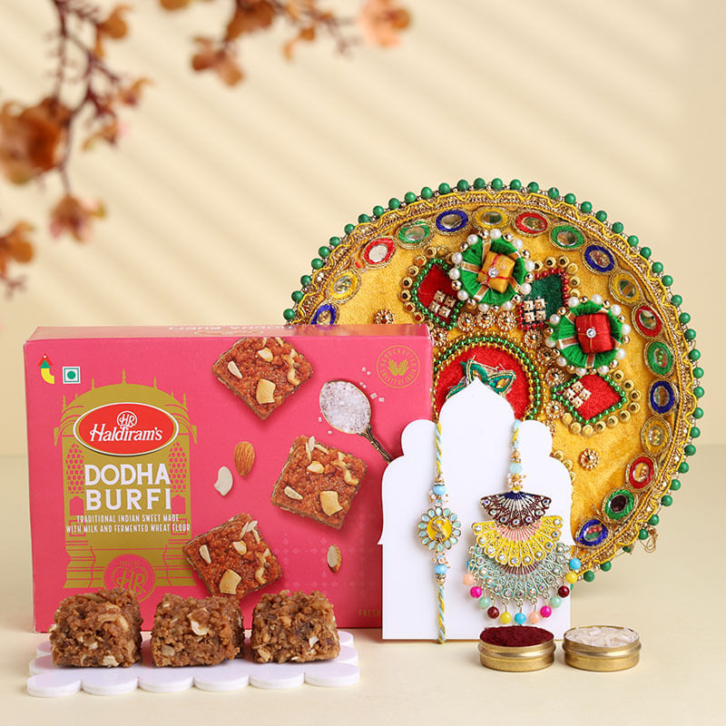 Pastel Hues Bhai Bhabhi Rakhis With Thali N Dodha