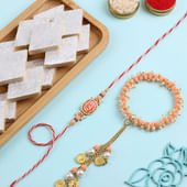 Pastel Peach Bhaiya Bhabhi Rakhis With Kaju Katli
