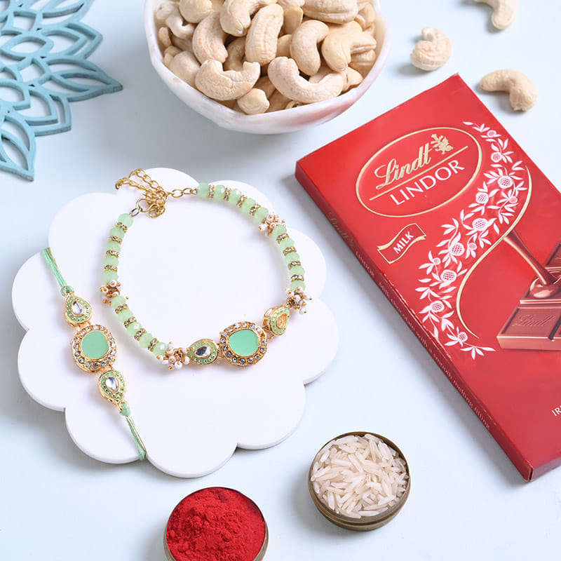 Pastel Pearl Bhaiya Bhabhi Rakhi With Nuts N Choco