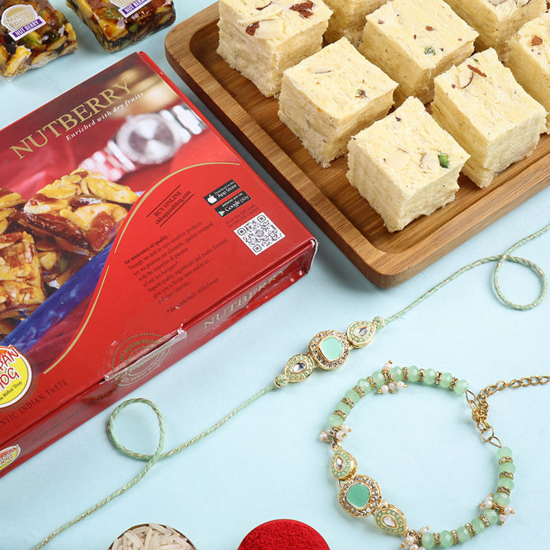 Pastel Pearls Bhai Bhabhi Rakhi With Sweets