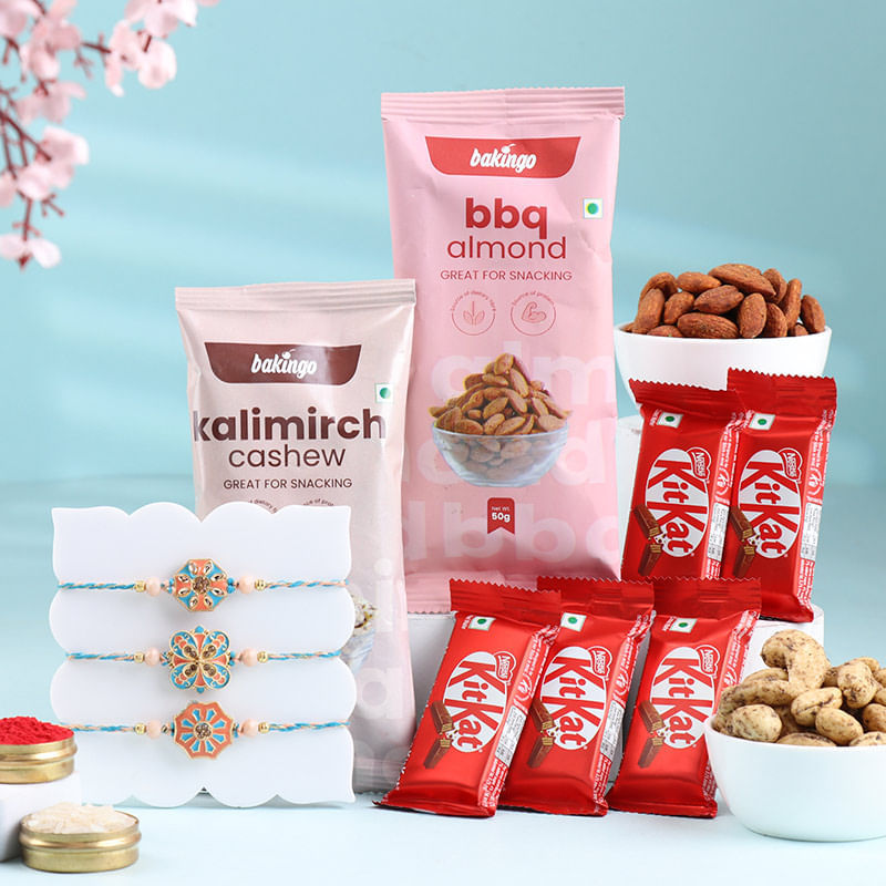 Pastel Rakhi Trio With Nuts N Choco Treats
