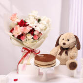 Pastel Rose Bouquet With Tiramisu Cake N Teddy