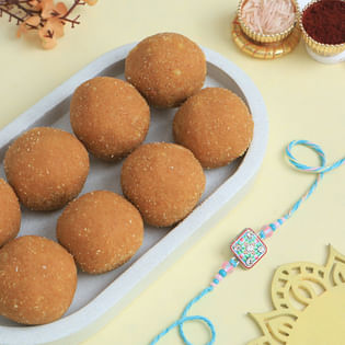 Pastel Stonework Rakhi With Besan Ladoos
