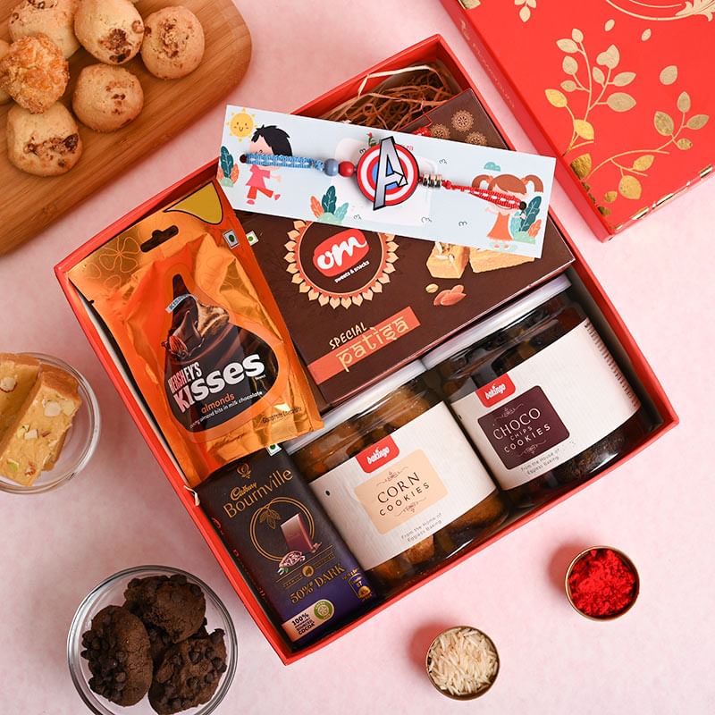 Order Patisa Cookies N Chocolates With Avenger Rakhi Online in India
