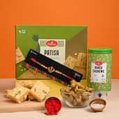Divine rakhiwith Sweets & Dry Fruits for Brother Online Delivery - Punjabi Patisa with Baked Cashews N Blessed Khanda Rakhi