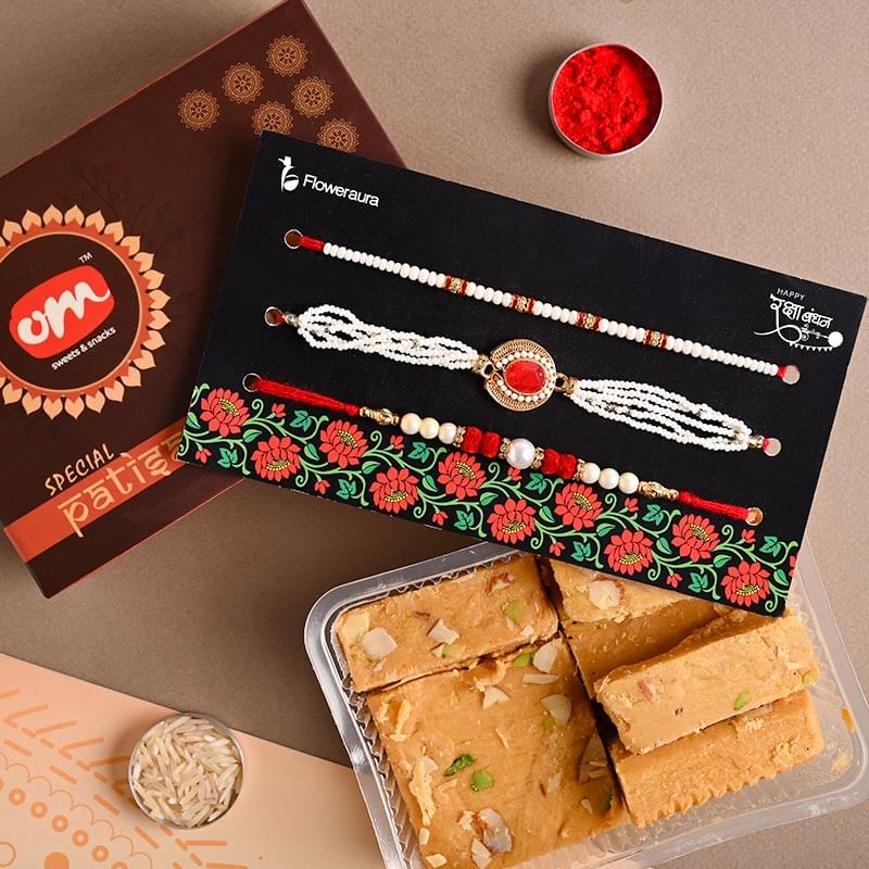 Buy Set of 3 rakhi online for Brother - Patisa With Red White Rakhi Trio