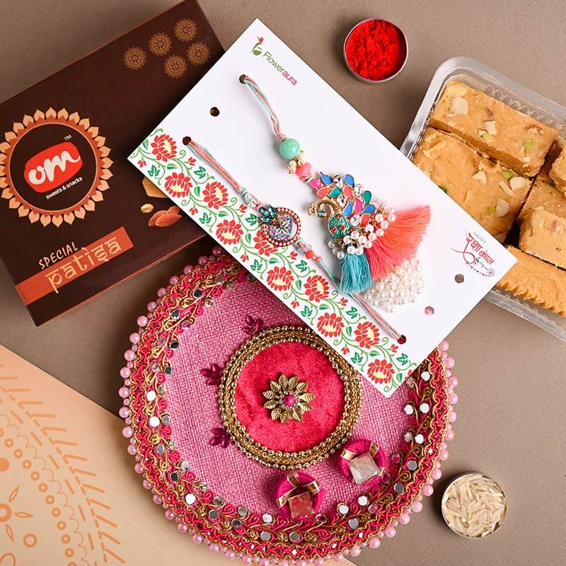 Buy Lumba Rakhi online for Bhaiya bhabhi - Patisa With Thali N Couple Rakhi