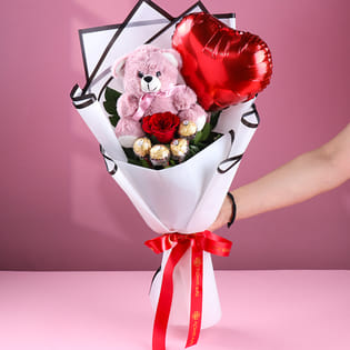 Romantic Teddy Roses N Balloon Bouquet