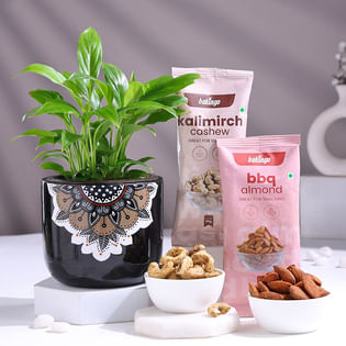 Peace Lily In Black Mandala Pot With Nutty Treats