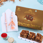 Peach Beads Bhai Bhabhi Rakhi With Dodha Burfi