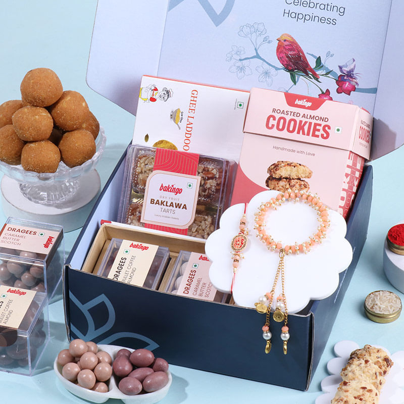 Peach Beads Bhaiya Bhabhi Rakhis With Sweet Treats