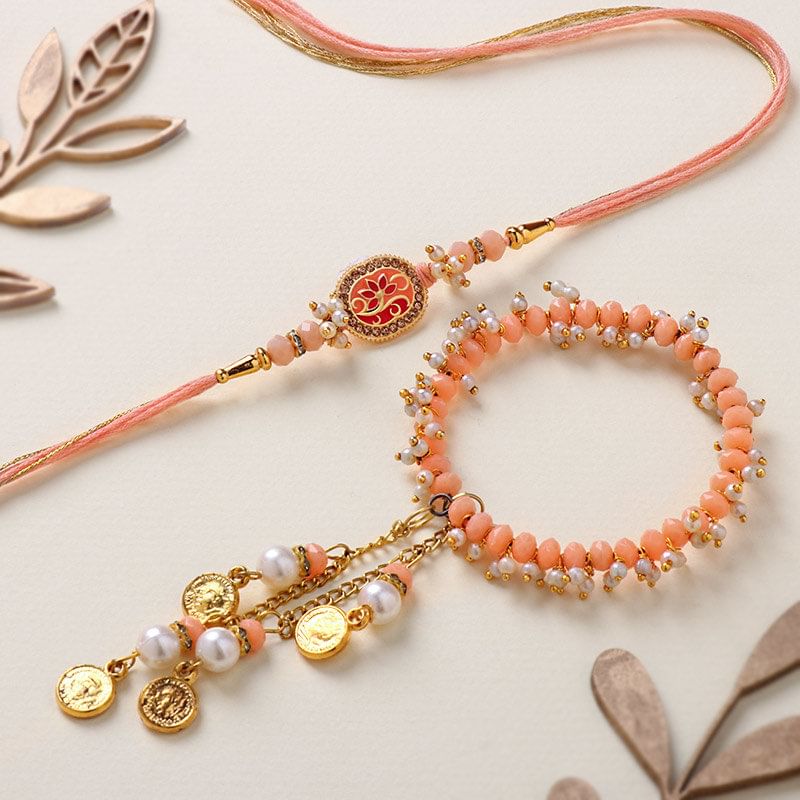 Peach Beads N Pearl Couple Rakhi