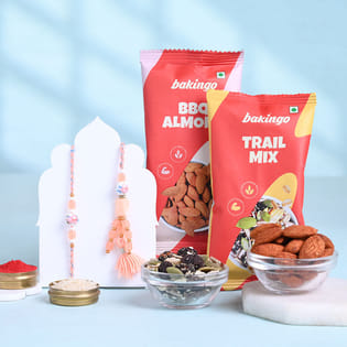 Peach Bhai Bhabhi Rakhis With Almonds N Trail Mix