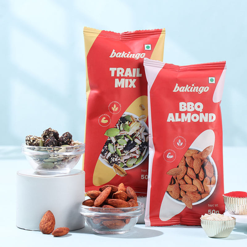 Peach Bhai Bhabhi Rakhis With Almonds N Trail Mix