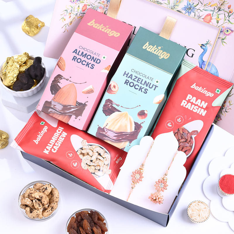 Peach Bhai Bhabhi Rakhi with Gourmet Treats