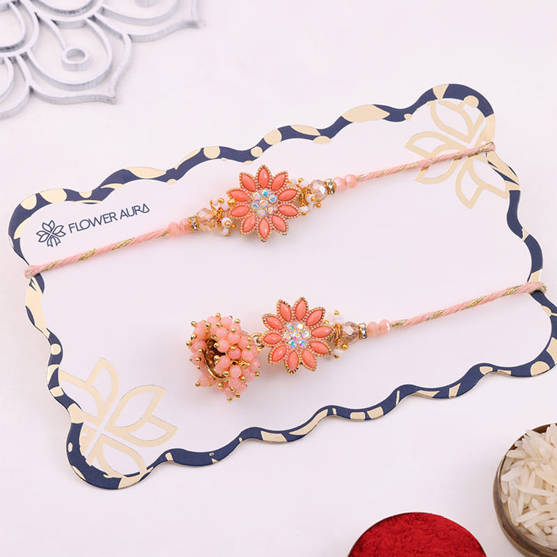 Peach Bhai Bhabhi Rakhis With Gourmet Treats