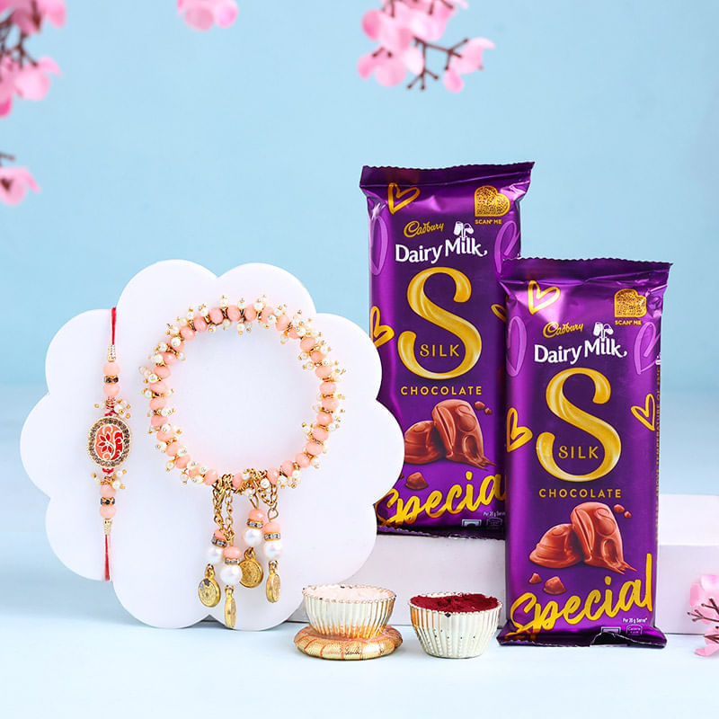 Peach Bhaiya Bhabhi Rakhis With Chocolates