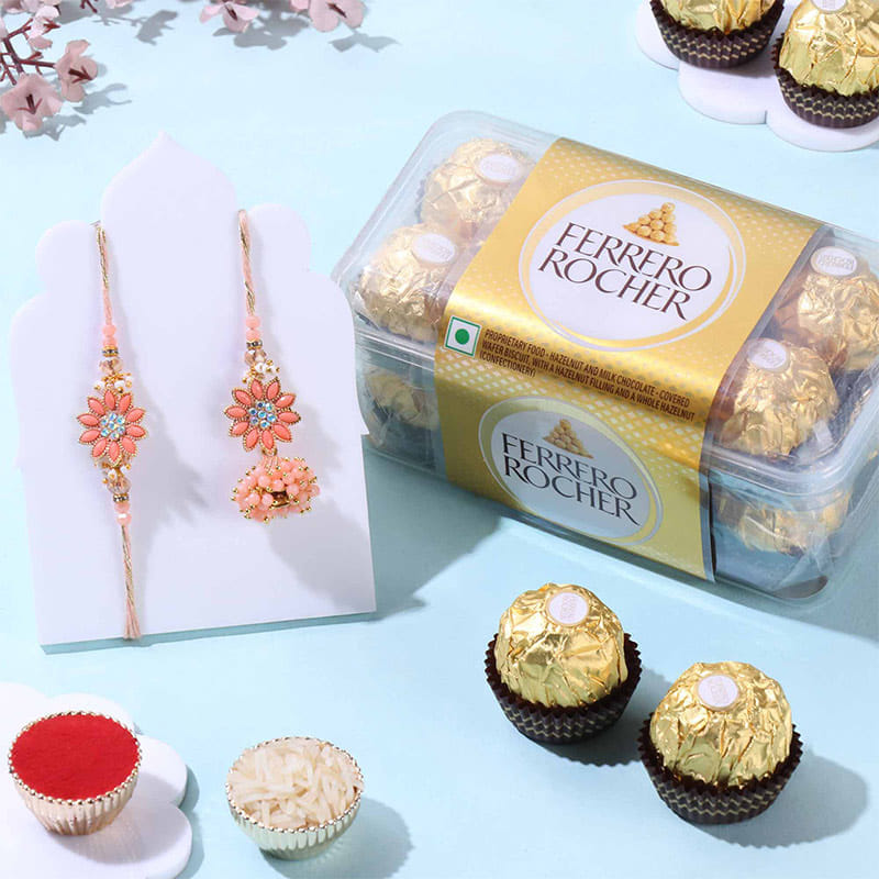 Peach Bhaiya Bhabhi Rakhis With Ferrero Rocher