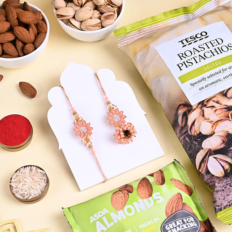 Peach Bloom Bhaiya Bhabhi Rakhis N Dry Fruits
