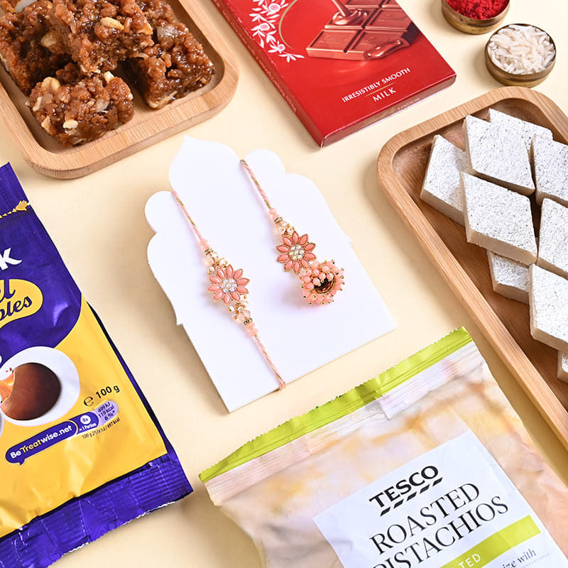 Peach Bloom Bhaiya Bhabhi Rakhis N Treats Hamper