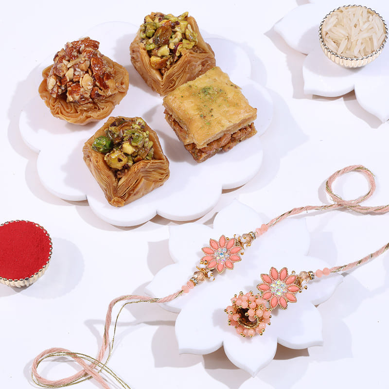 Peach Floral Bhai Bhabhi Rakhi With Baklawas